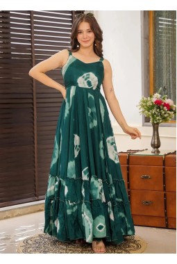 Teal Rayon Digital Print Western Wear Anarkali Gown