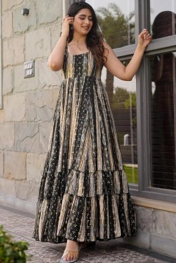 Black Rayon Digital Print Western Wear Anarkali Gown