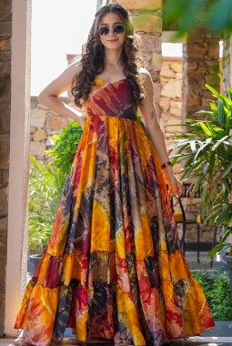 Multi Color Rayon Digital Print Western Wear Anarkali Gown