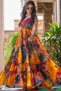 Multi Color Rayon Digital Print Western Wear Anarkali Gown