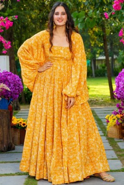 Yellow Georgette Digital Print Anarkali Gown