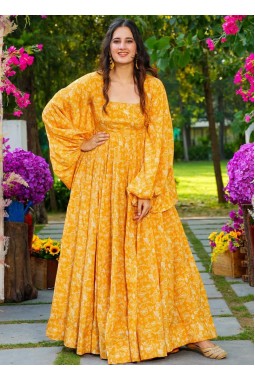 Yellow Georgette Digital Print Anarkali Gown