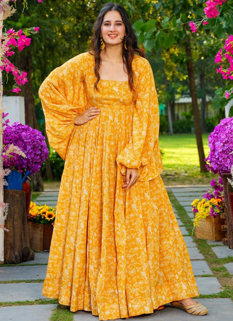 Yellow Georgette Digital Print Anarkali Gown