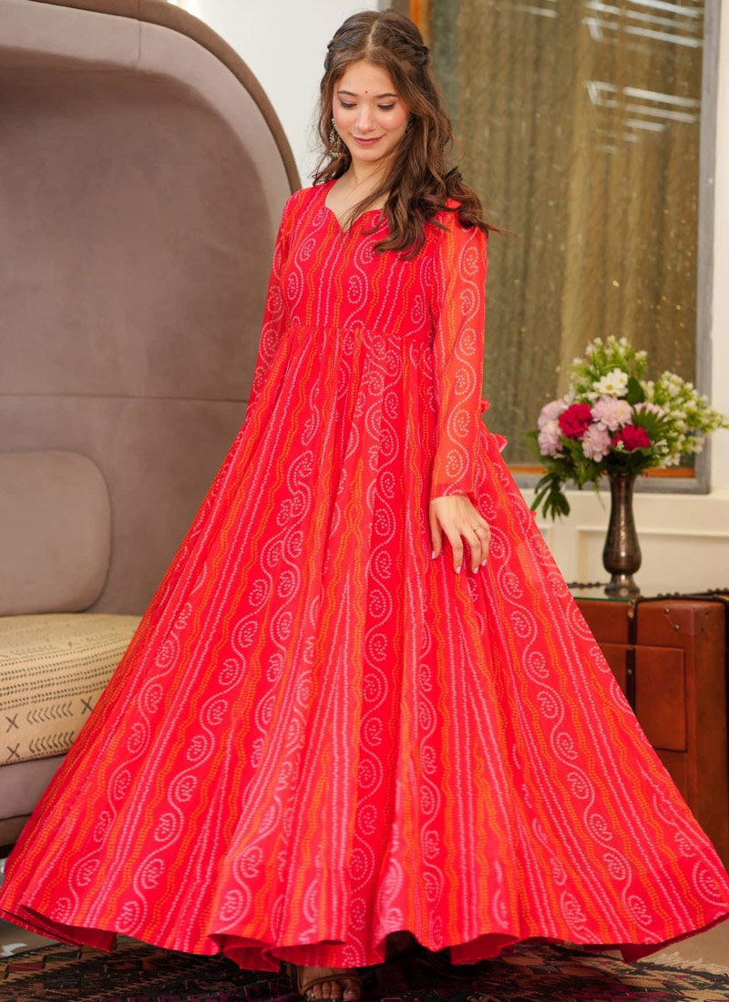 Red Georgette Digital Print Anarkali Gown