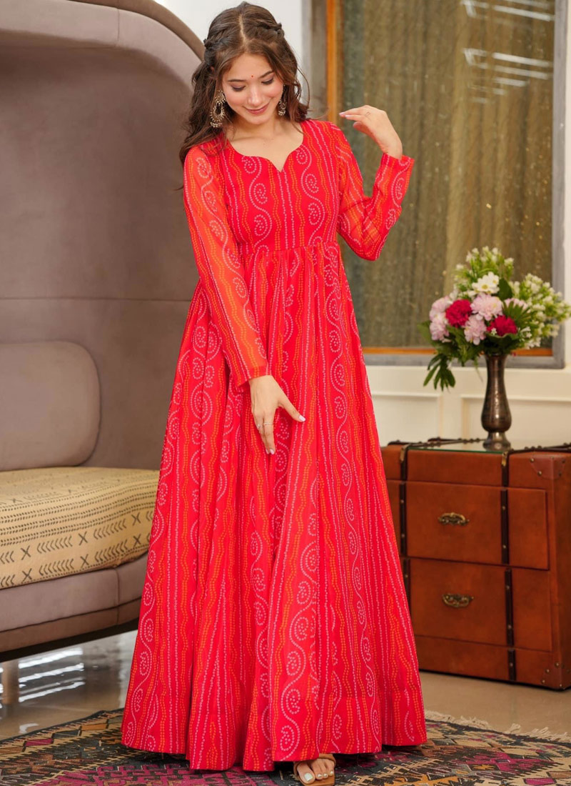 Red Georgette Digital Print Anarkali Gown