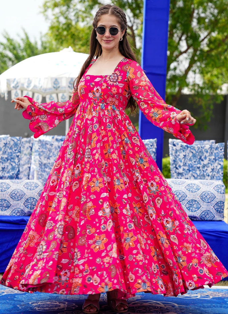 Pink Georgette Digital Print Anarkali Gown