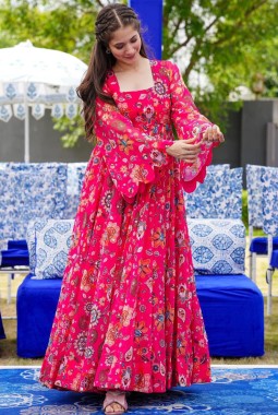 Pink Georgette Digital Print Anarkali Gown