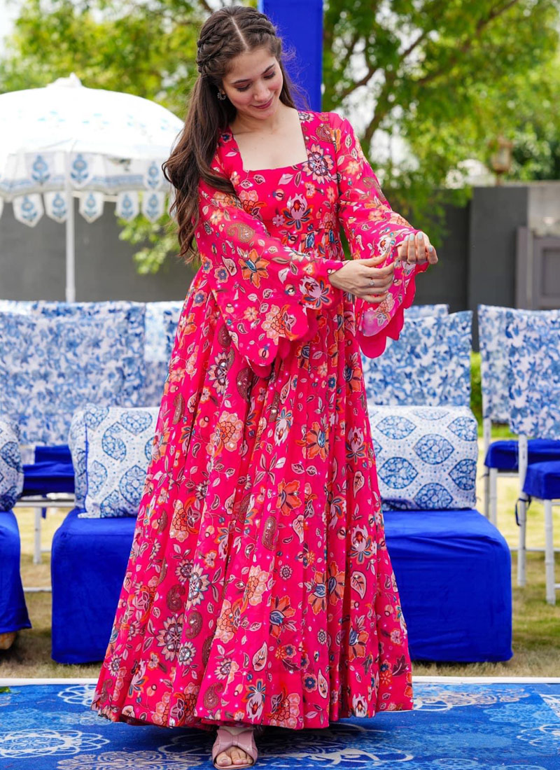 Pink Georgette Digital Print Anarkali Gown