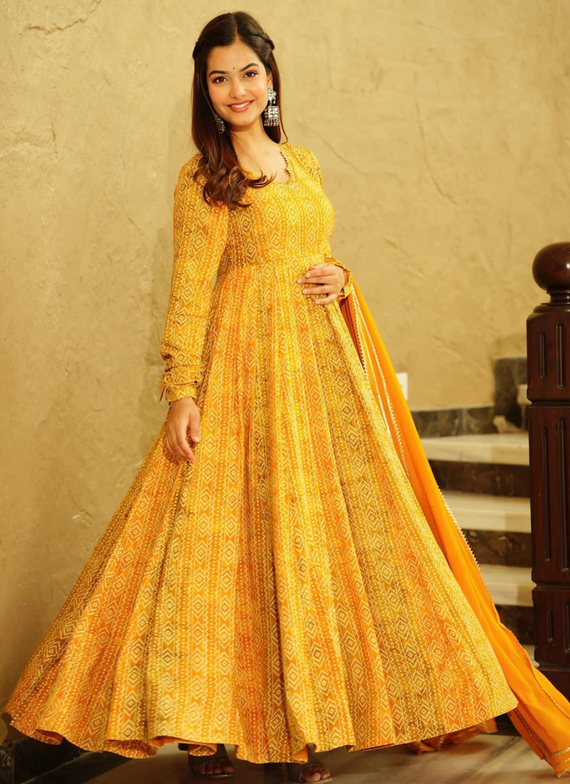 Yellow Georgette Digital Print Anarkali Gown