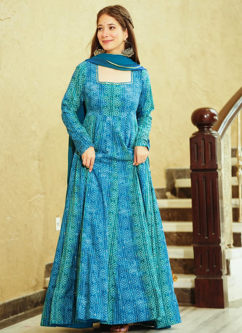 Blue Georgette Digital Print Anarkali Gown