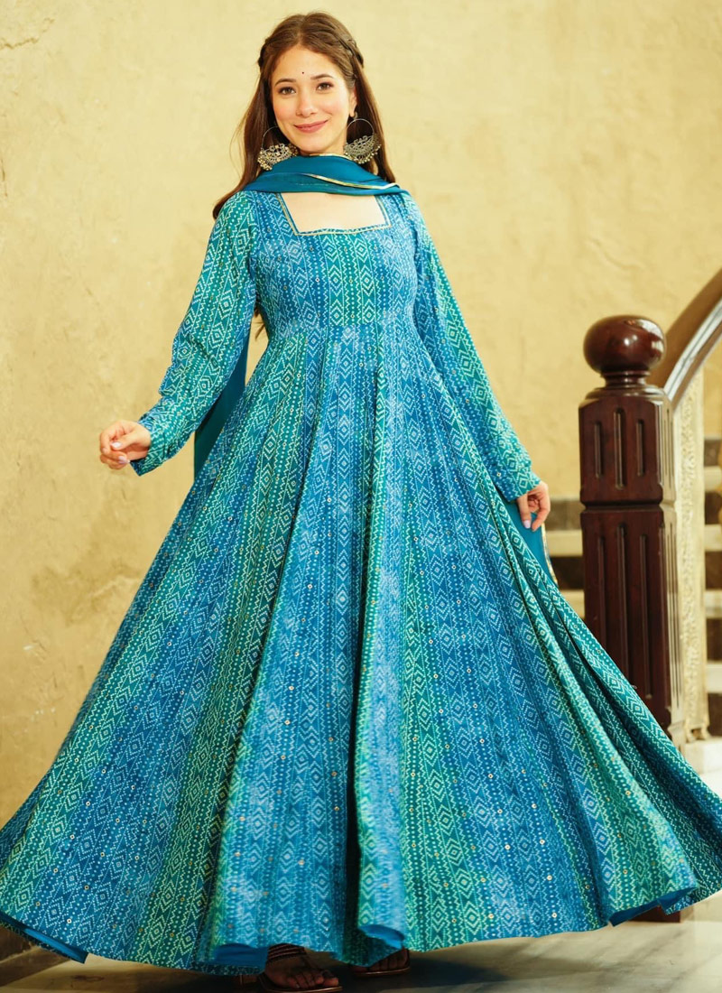 Blue Georgette Digital Print Anarkali Gown