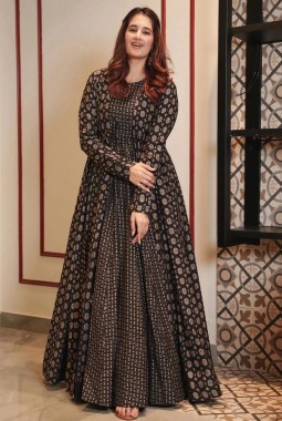 Coal Black Muslin Digital Print Indo Western Suit
