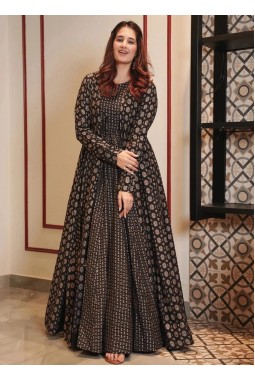 Coal Black Muslin Digital Print Indo Western Suit