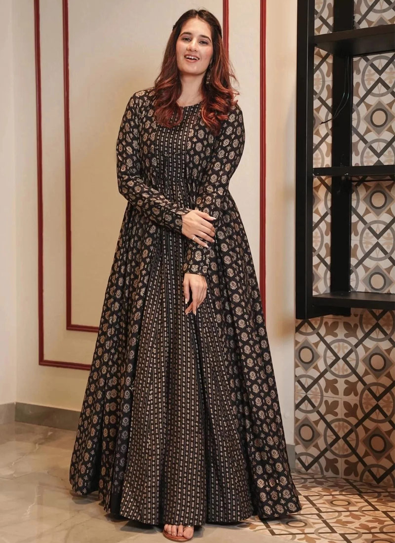 Coal Black Muslin Digital Print Indo Western Suit