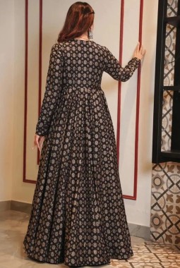 Coal Black Muslin Digital Print Indo Western Suit