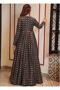 Coal Black Muslin Digital Print Indo Western Suit