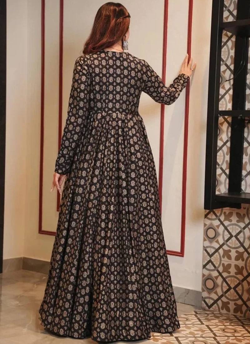 Coal Black Muslin Digital Print Indo Western Suit