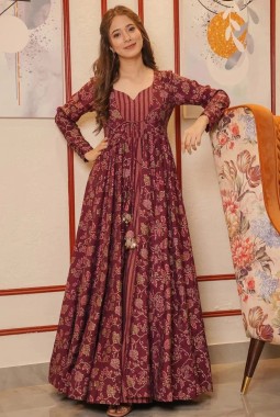 Maroon Muslin Digital Print Indo Western Suit