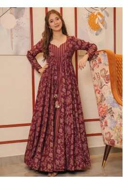 Maroon Muslin Digital Print Indo Western Suit