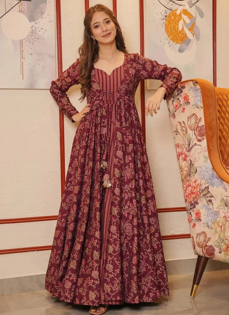 Maroon Muslin Digital Print Indo Western Suit