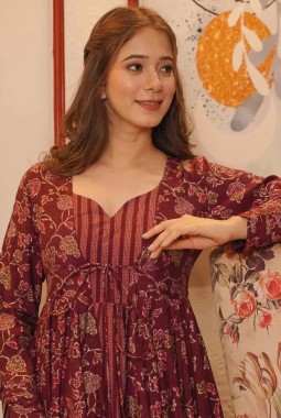 Maroon Muslin Digital Print Indo Western Suit