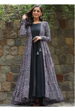 Black Muslin Digital Print Indo Western Suit