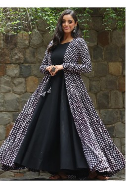 Black Muslin Digital Print Indo Western Suit