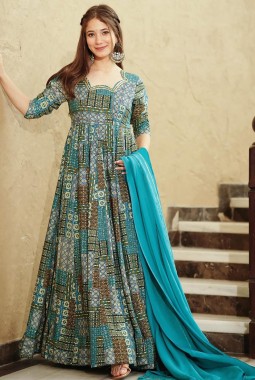 Sky Blue Rayon Digital Printed Anarkali Full Flared Gown