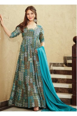 Sky Blue Rayon Digital Printed Anarkali Full Flared Gown