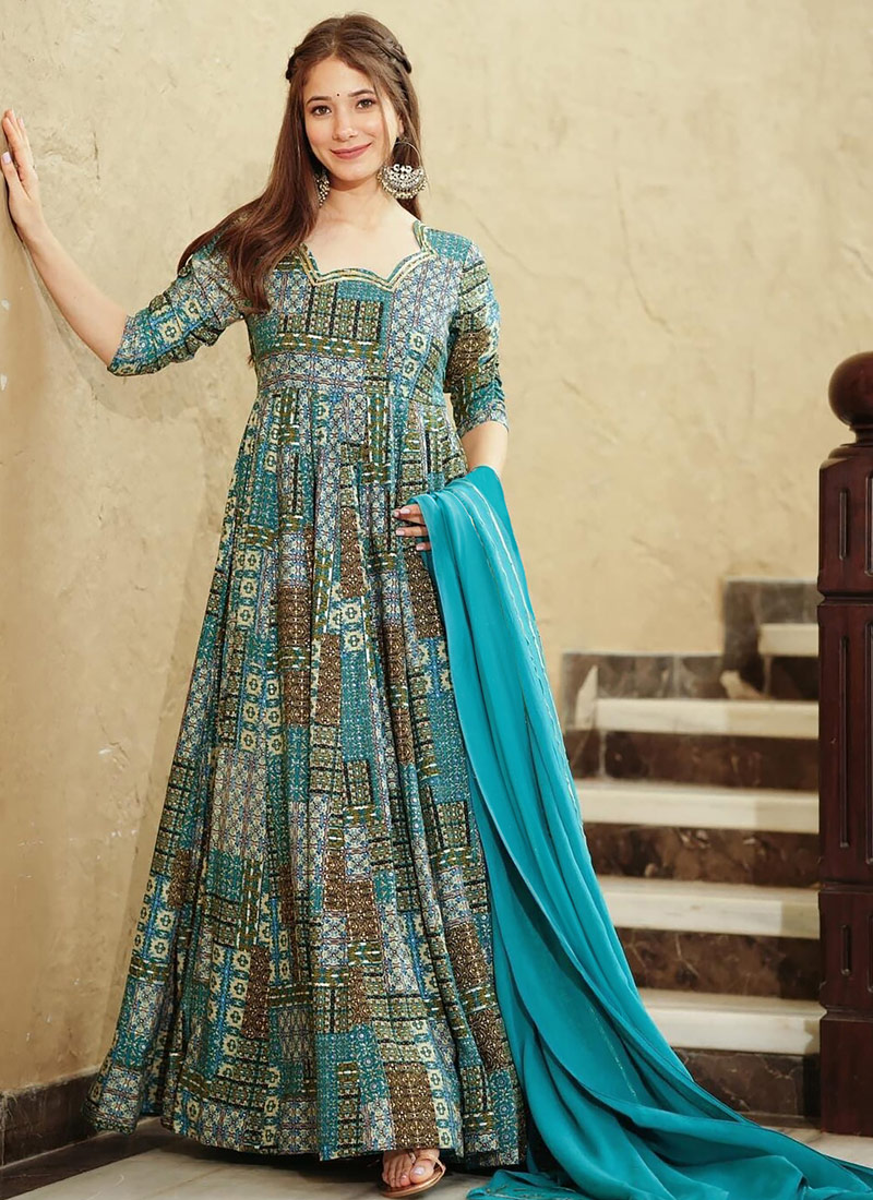 Sky Blue Rayon Digital Printed Anarkali Full Flared Gown