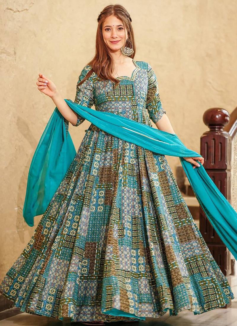 Sky Blue Rayon Digital Printed Anarkali Full Flared Gown