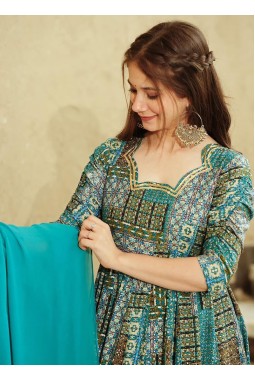 Sky Blue Rayon Digital Printed Anarkali Full Flared Gown