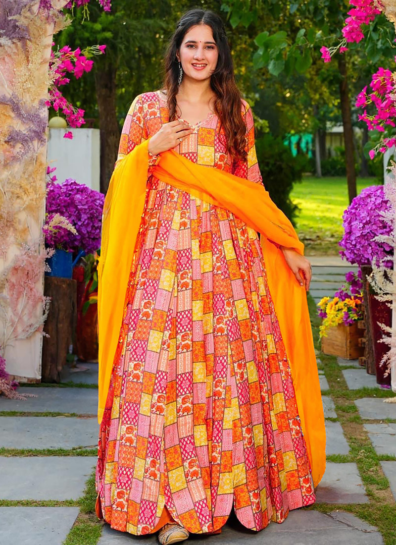 Multicolor Rayon Digital Printed Anarkali Full Flared Gown