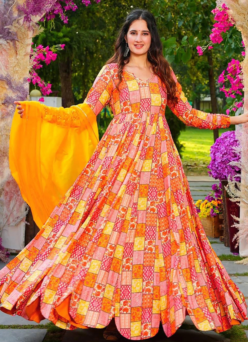 Multicolor Rayon Digital Printed Anarkali Full Flared Gown