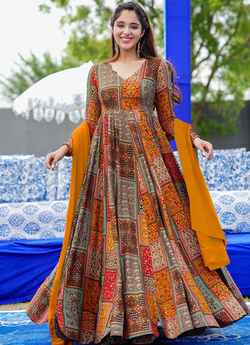 Multicolor Heavy Rayon Digital Printed Anarkali Full Flared Gown