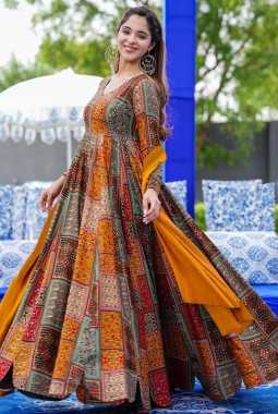 Multicolor Heavy Rayon Digital Printed Anarkali Full Flared Gown
