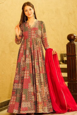 Red Rayon Digital Printed Anarkali Full Flared Gown