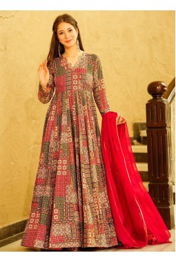 Red Rayon Digital Printed Anarkali Full Flared Gown
