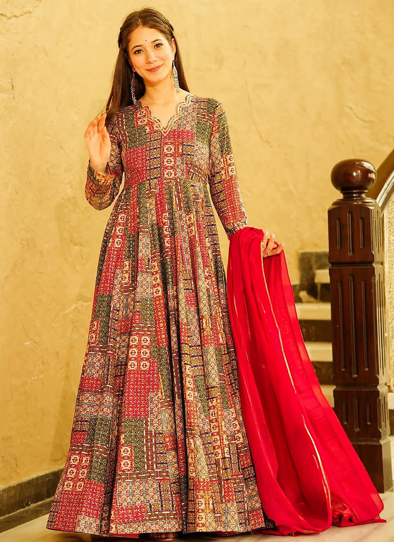 Red Rayon Digital Printed Anarkali Full Flared Gown