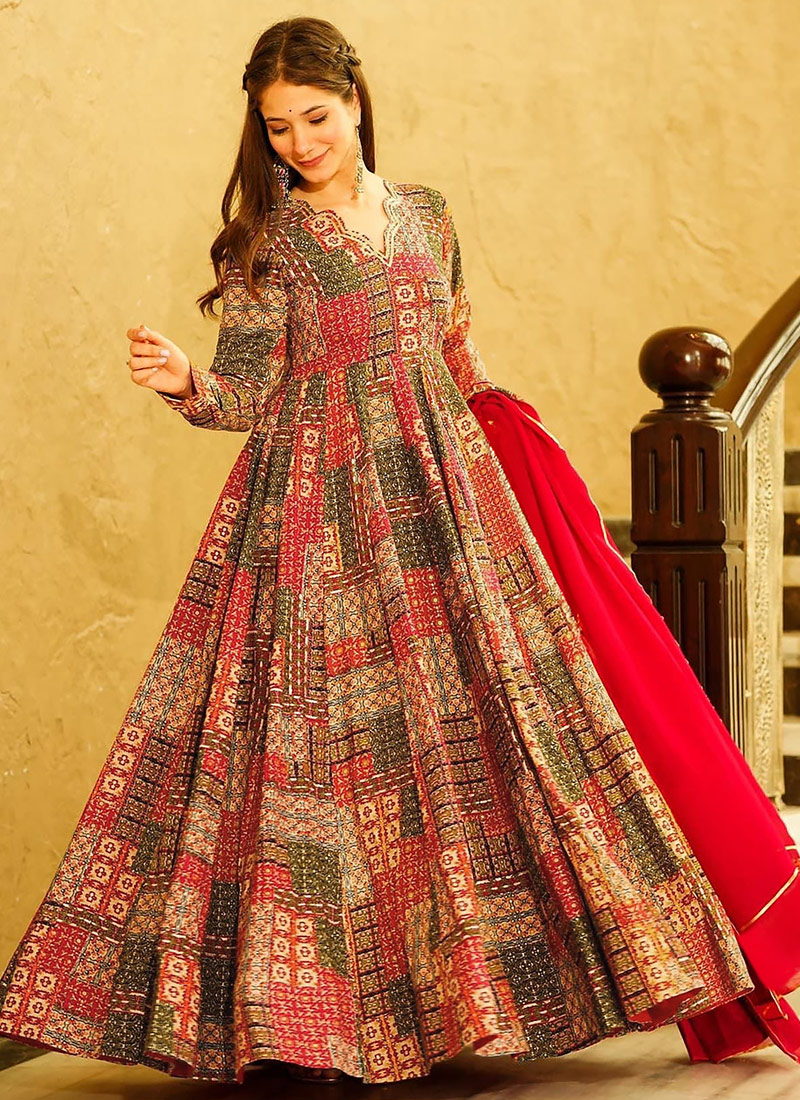 Red Rayon Digital Printed Anarkali Full Flared Gown