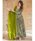 Green Rayon Digital Printed Anarkali Full Flared Gown