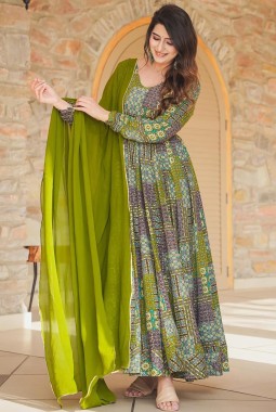 Green Rayon Digital Printed Anarkali Full Flared Gown