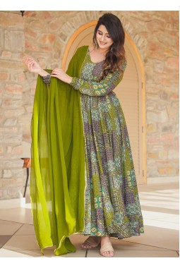 Green Rayon Digital Printed Anarkali Full Flared Gown