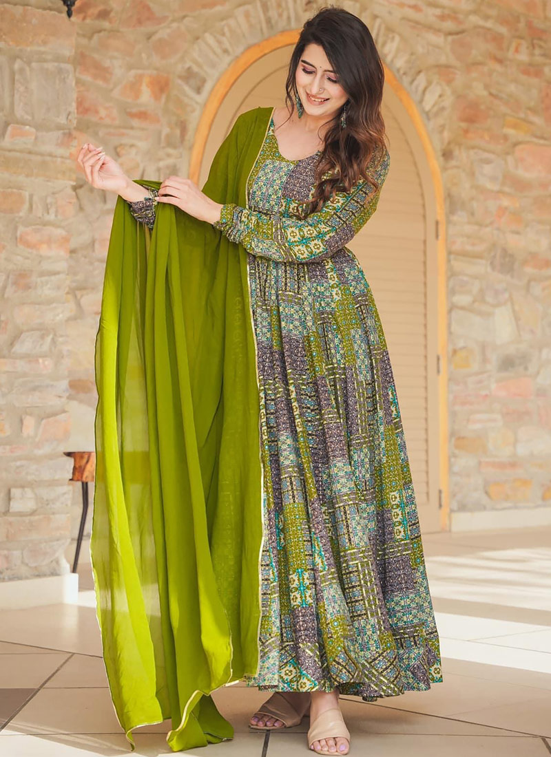 Green Rayon Digital Printed Anarkali Full Flared Gown