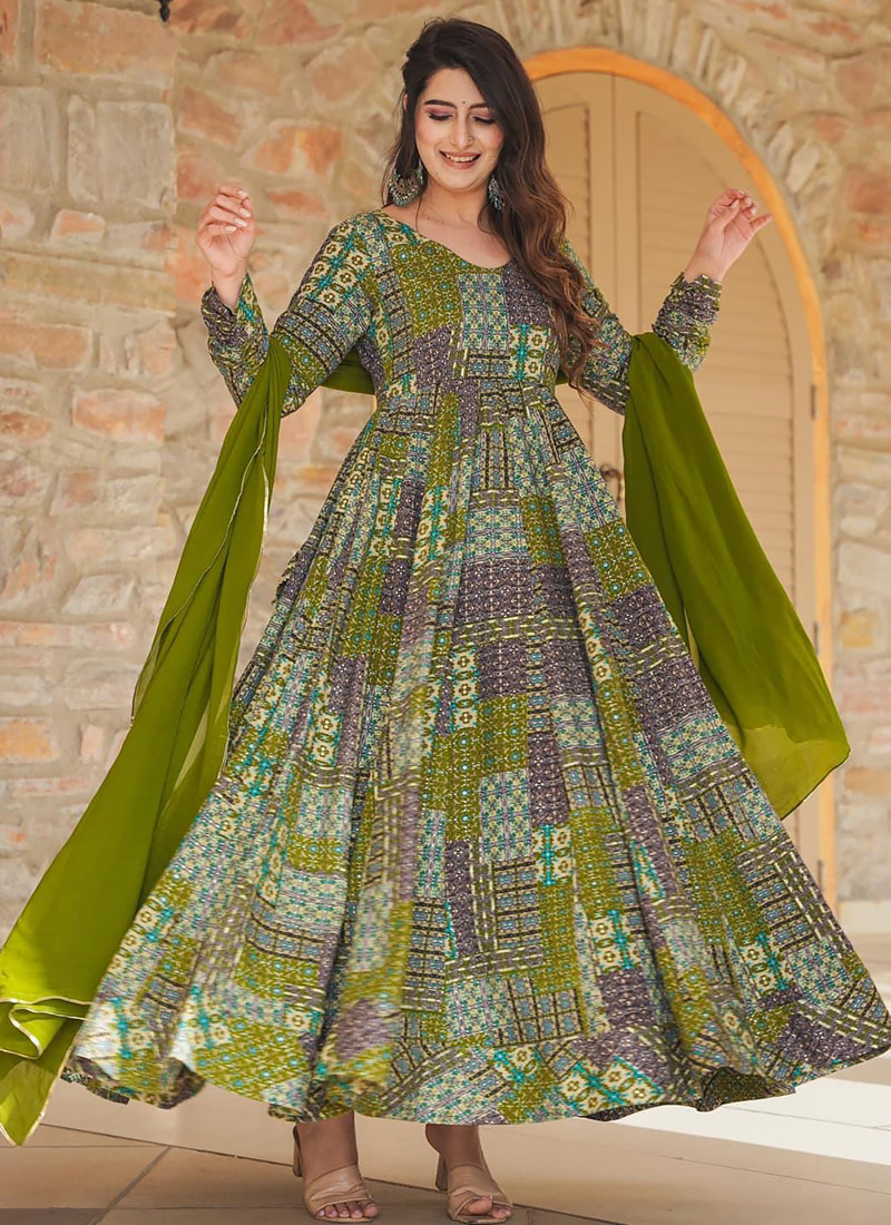 Green Rayon Digital Printed Anarkali Full Flared Gown