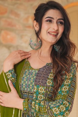 Green Rayon Digital Printed Anarkali Full Flared Gown