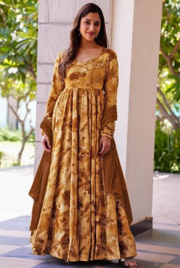 Mustard Rayon Digital Printed Anarkali Full Flared Gown