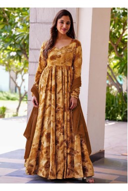 Mustard Rayon Digital Printed Anarkali Full Flared Gown