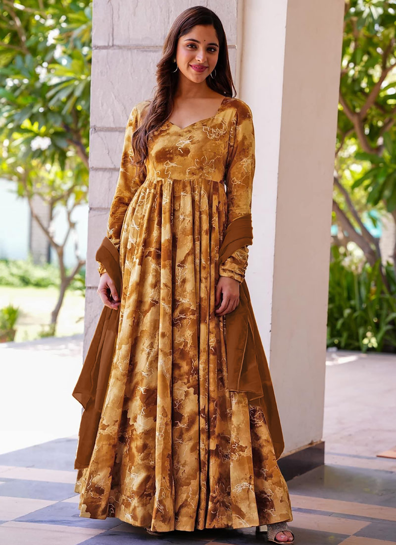 Mustard Rayon Digital Printed Anarkali Full Flared Gown