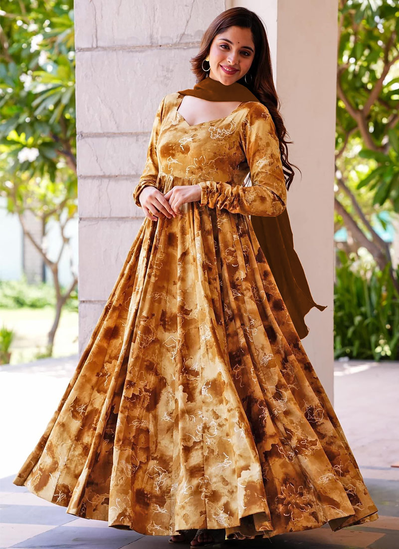 Mustard Rayon Digital Printed Anarkali Full Flared Gown